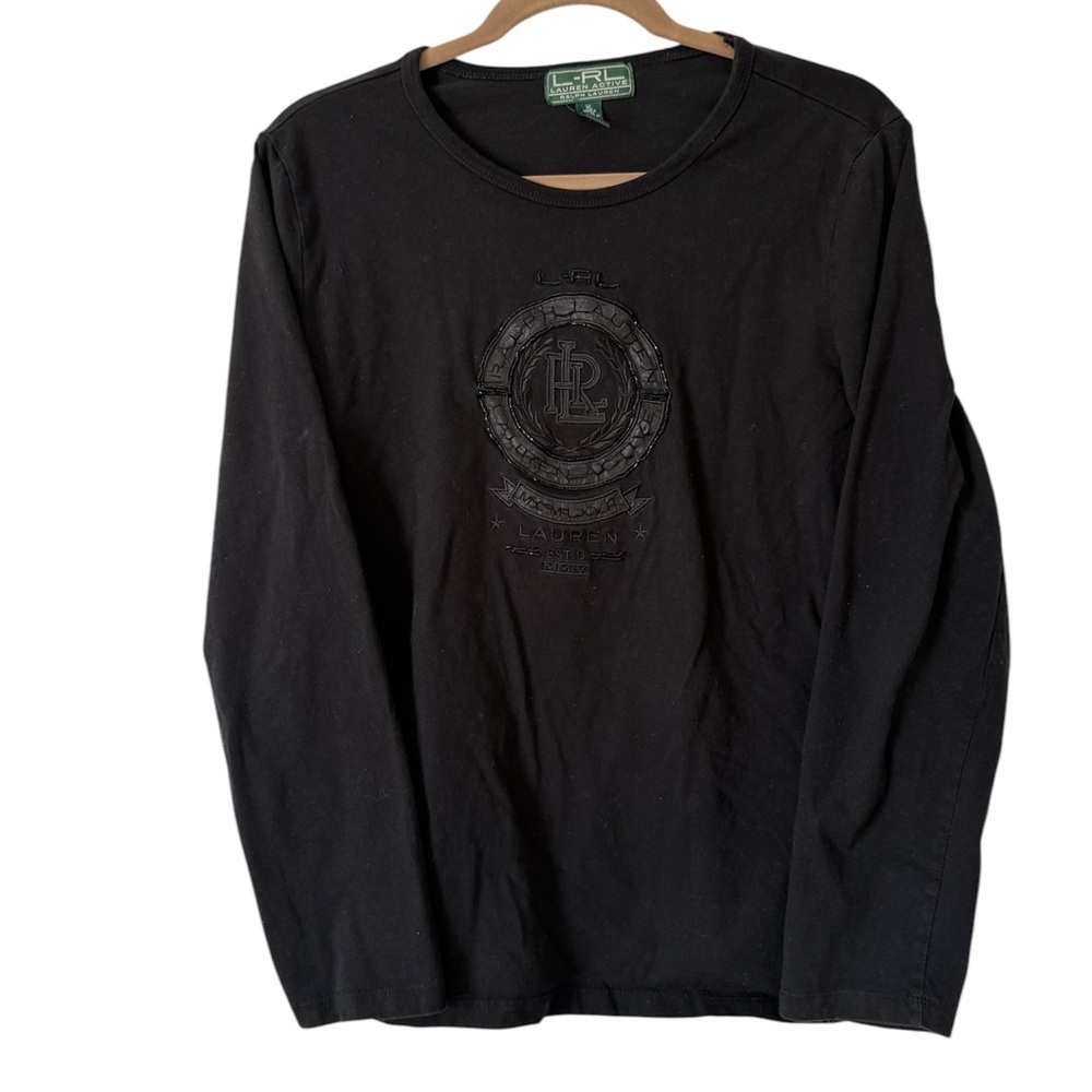Lauren Ralph Lauren LRL XL Black Long Sleeve Embroidered Crest Logo Shirt Beaded